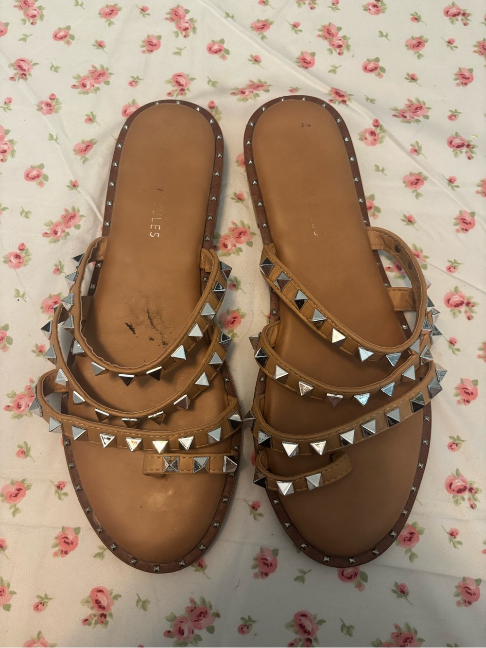 Sincerly Jules Tan Leather Studded Slide Sandals